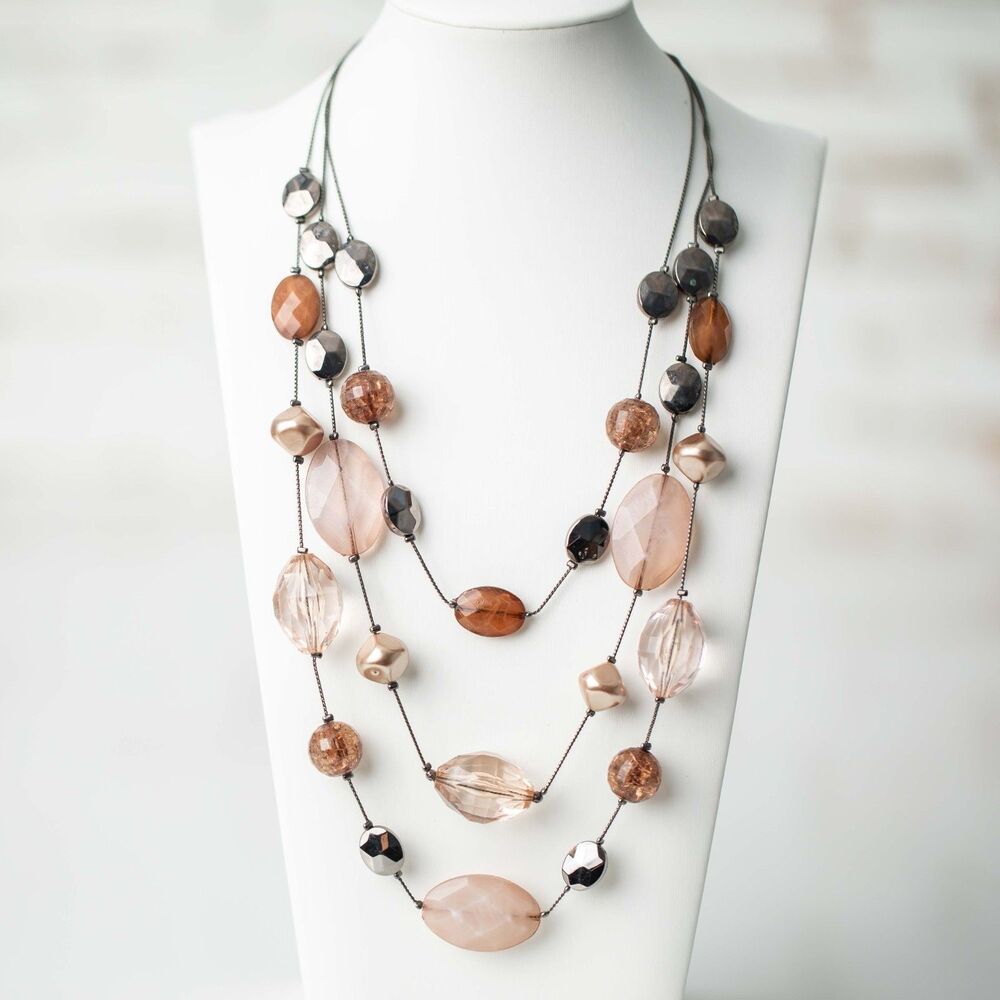 New York & Co. Multi Strand Statement Necklace Pink Brown Gunmetal Beads